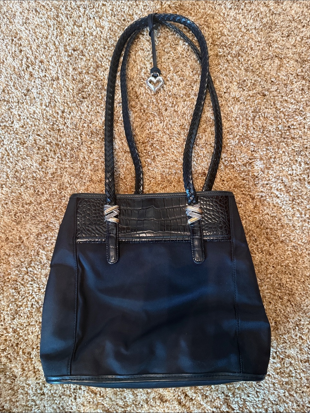 Brighton Black Shoulder Tote with Braided Straps and Heart Charm Accent